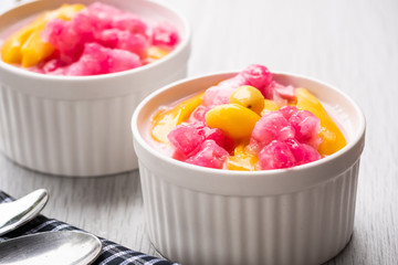 Tub Tim Krob ,Stuffed Water Chestnut in Syrup and Coconut Milk