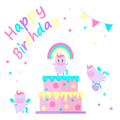 Happy birthday cute card with magical unicorns big cake. 