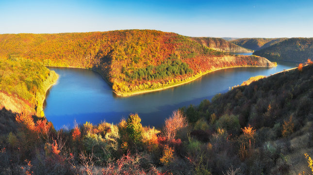 autumn morning. Dawn in the national park "Podolskie Tovtry". canyon of the picturesque river