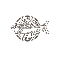 Salmon fishing camp vintage with monolinear logo design template
