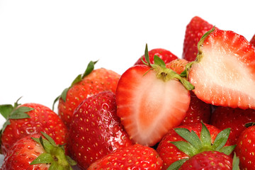  Healthy group of strawberry and slash cut strawberry with white background. Have some space for write wording 