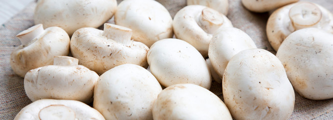 Fresh raw champignon mushrooms on cloth, side view. Close-up.