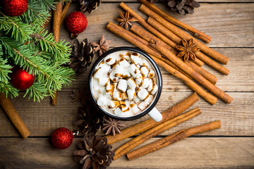 Sweet creamy latte on rustic background. Selective focus. Shallow depth of field.
