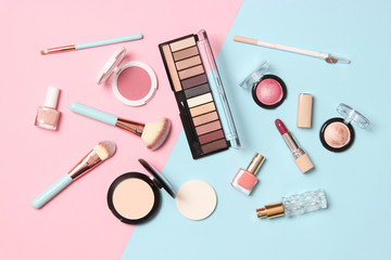 professional makeup tools. Makeup products on a colored background top view. A set of various products for makeup.