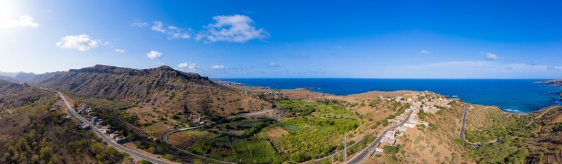 Aerial Panoramic view of Sugar canne and coconut plantation  near Calheta Sao Miguel in  Santiago island in Cape Verde - Cabo Verde