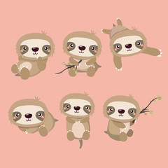 Cute cartoon smiling lazy sloth set..