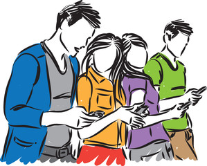 YOUNG PEOPLE LOOKING CELLPHONES VECTOR ILLUSTRATION