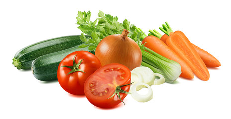 Zucchini, celery, tomato, carrot and onion isolated on white background
