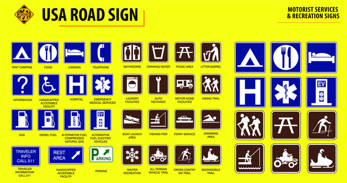 set of USA road sign.(MOTORIST SERVICES & RECREATION SIGNS). easy to modify