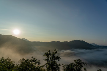 In the morning, the sun, the high mountains, the fog and the beautiful sky.