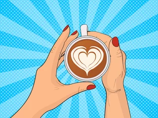 Hände, die eine Tasse Kaffee halten. Pop-Art-Vintage-Vektorillustration © tiena