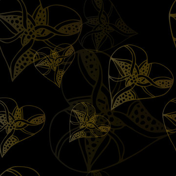 Golden doodle hearts romantic vector seamless pattern