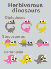 Fototapeta premium Herbivorous dinosaurs. Variants of coloring of funny dinos with big eyes. Diplodocus, ceratopsia, stegosaurus. Vector illustration of prehistoric characters in flat cartoon style on neutral background
