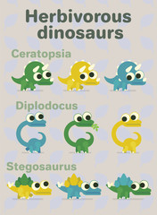 Herbivorous dinosaurs. Vector illustration of prehistoric characters in flat cartoon style on neutral background. Diplodocus, ceratopsia, stegosaurus. Variants of coloring of funny dinos with big eyes