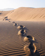 Footprints on sand in the desert stretching into the distance. Hot landscape with sand dunes against the clear sky