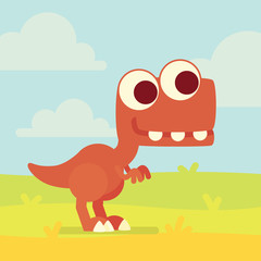 Cute T-Rex on the field. Dinosaur life. Vector illustration of prehistoric character in flat cartoon style isolated on landscape background. Funny red Tyrannosaurus with big eyes. Element for design
