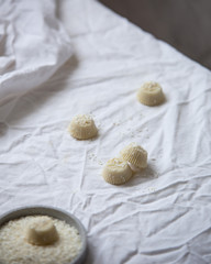 Vegan White chocolate pralines or candy with coconut