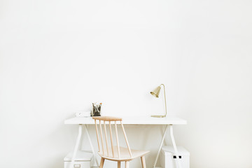 Bright home office desk workspace. Nordic modern minimal interior design concept. Desktop table and...
