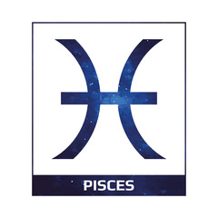 Vector. Cosmic zodiac sign Pisces on a white background with title. Detailed stylish icon for cards. Modern style drawing. Simple geometric style