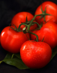 a bunch of tomatoes on a lea