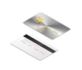 Silver realistic credit card with chip from both sides in isometric projection on white