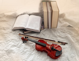 In selective focus of violin and bow put beside books stacked,blurry light design background