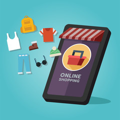 Online shopping store, fashion goods. On mobile screen, buy process, online shopping concept. Vector illustration