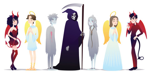 Halloween characters in cartoon style. Vector illustration of group of young people dressed up for Halloween masquerade party on white background. Angels and Deamons, Death and Chosts. Costumes.