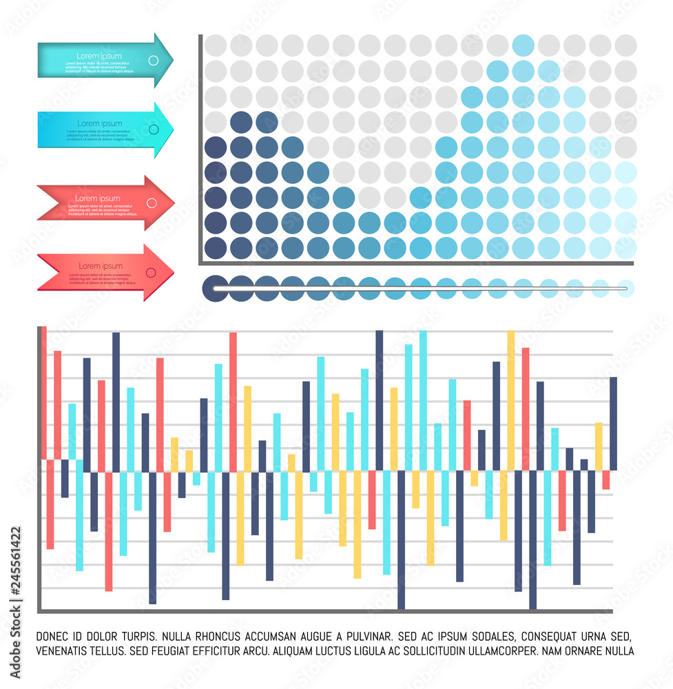 Poster infographics and scales, arrowheads and charts vector. pointers and text sample explaining visual in