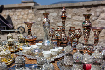 Decorated jugs in the street bazaar in Mostar