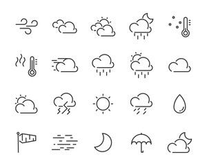 set of weather icons, such as cloud, rain, sun, forecast, water, storm