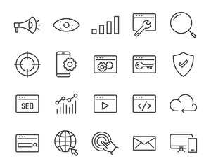 set of website icons, such as web, browser, network, seo, cloud