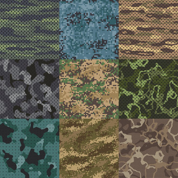 Khaki texture. Camouflage fabric seamless patterns, military clothes textures and army print vector pattern background