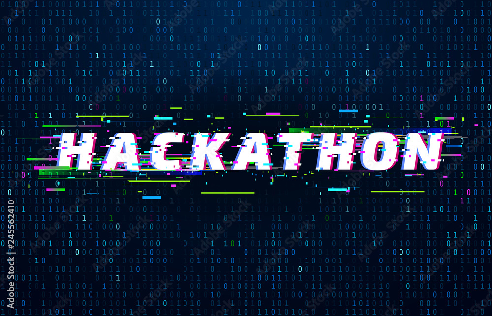 Poster hackathon background. hack marathon coding event, glitch poster and saturated binary data code flux 