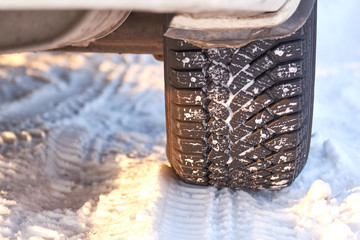 car wheel. winter tires. tread. track. snow.abstraction winter road