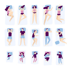 People sleeping poses. Adult and child sleep pose. Man on pillow, woman and young kids sleeping in bed isolated vector illustration