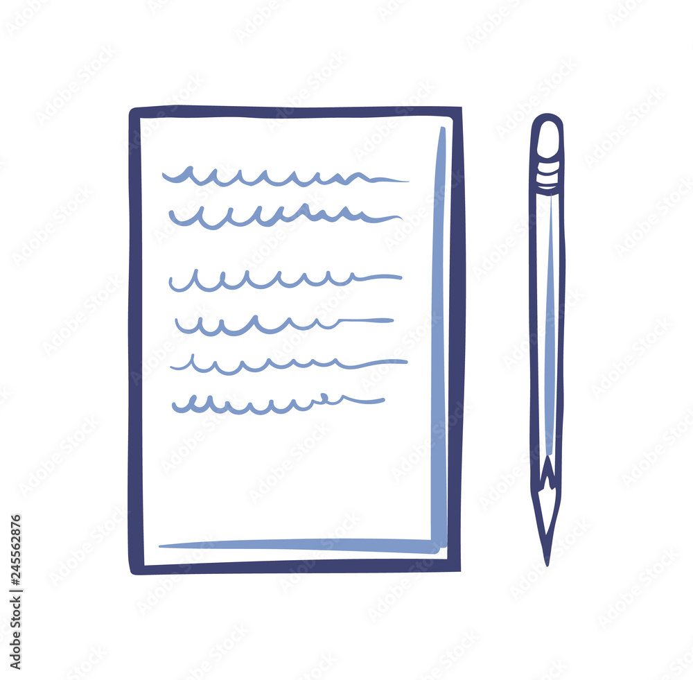 Poster office paper icon and sharp pencil isolated vector. document list with font signs, written scribble 