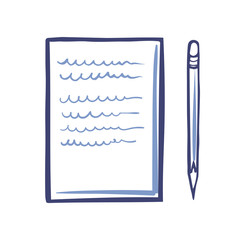 Office paper icon and sharp pencil isolated vector. Document list with font signs, written scribble text on sheet. File with note, template of letter
