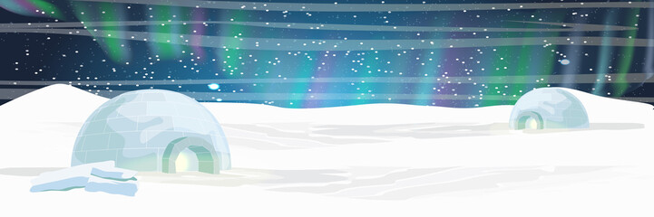 Ice house igloo. Settlement Eskimos. Far North. Northern lights over the snow-covered plain. Night starry sky. Realistic vector landscape © AnnstasAg