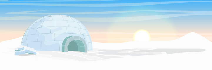 Igloo. Icehouse. Ice dwelling of the Eskimos. Snow covered plain. Arctic and Antarctic. Realistic vector landscape. - obrazy, fototapety, plakaty