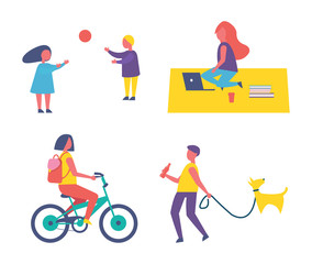 People and hobbies icons set vector. Woman riding bicycle, children playing volleyball with ball. Freelancer on blanket using laptop, man walking dog