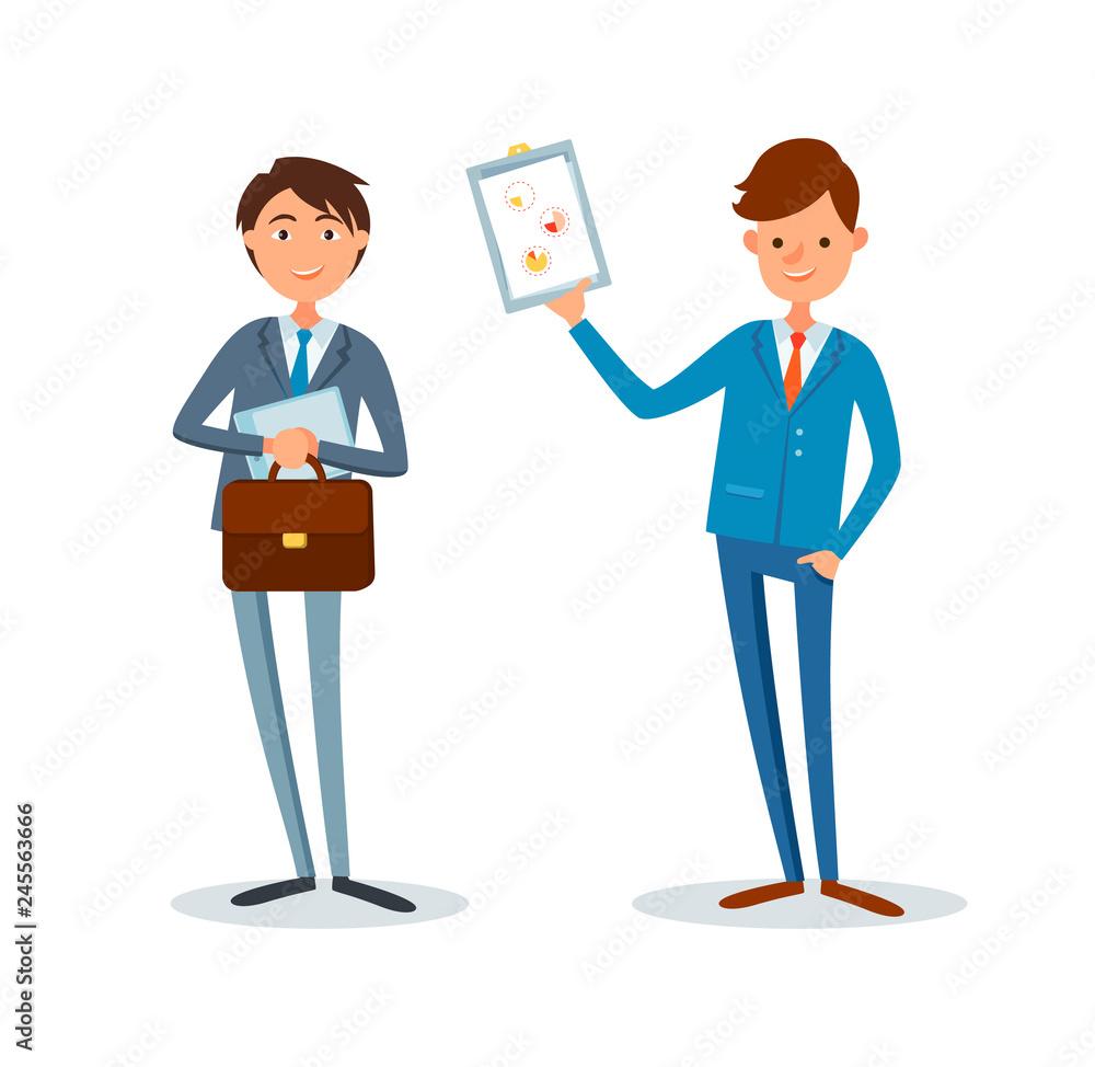 Aufkleber man showing clipboard page with pie diagram and charts vector. person coworker with briefcase. analy