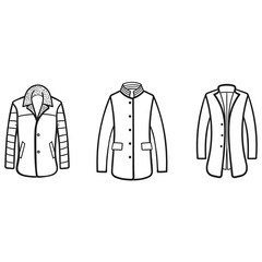 Set of winter coats outlined icons in white background