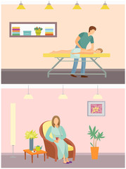 Massage and relaxing procedures in spa salon and resort. Woman sitting on chair drinking hot tea beverage. People relaxed and resting, man set vector