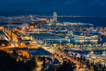 Fototapeta na wymiar Night cityscape view of Barcelona from Jardins del Mirador, on Montjuïc Hill, in Barcelona, Spain