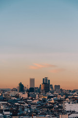 View of modern buildings at sunset in Madrid, Spain
