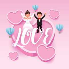 Wedding concept, valentines day pink hearts and blue balloon. Cute character flat vector illustration.