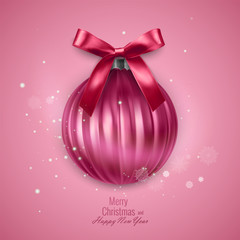 Bright new year card with a realistic Christmas ball, decorated with a bow. Vector illustration