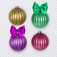 Colorful christmas balls with realistic bow on transparent background, vector christmas decorations