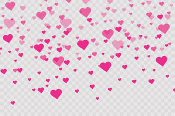 Fototapeta na wymiar Heart confetti falling down isolated. Valentines day concept. Heart shapes overlay background. Vector festive illustration. Vector. Valentines Day background
